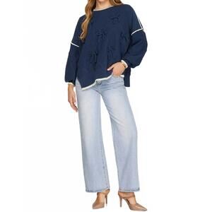 NEW SHE + SKY bow detail sweater top in navy
